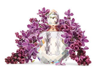 Bottle of luxury perfume and lilac flowers isolated on white