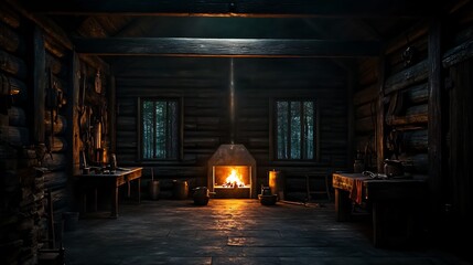 Historical Viking blacksmith shop iron tools leather aprons glowing forge wooden walls cultural authenticity photorealistic Scandinavian craftsmanship