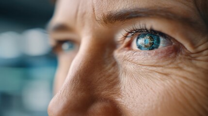 An elderly person gazes thoughtfully, capturing the depth of their eye and the intricate reflections within. This moment emphasizes age's wisdom and the beauty found in close observation.