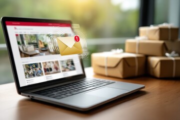 A laptop sits on a wooden desk, displaying an online shopping site.
