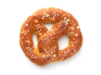 Tasty pretzel with salt isolated on white, top view