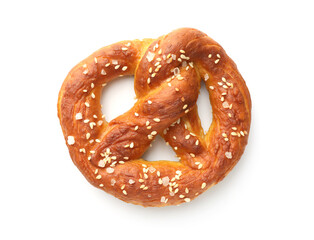 Tasty pretzel with salt isolated on white, top view