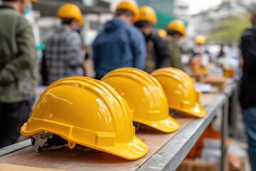 A group of construction workers gathers for a safety training session at a busy construction site. Bright yellow helmets are neatly arranged on a table, emphasizing workplace safety.