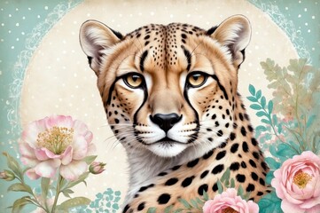 Cheetah portrait surrounded by delicate flowers showcasing beauty and grace in wildlife art