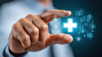 A hand extends towards luminous healthcare symbols, highlighting the integration of technology in medicine. This dynamic interaction suggests future advancements in patient care and health solutions.