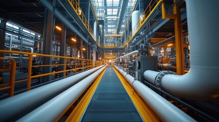 Fototapeta premium Industrial complex with thermal transfer tech. White pipes, yellow handrails. Resilient framework. Infrastructure solution, sustainable, efficient. Engineering, production, automation.