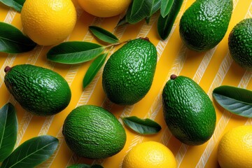 A delightful assortment of fresh avocados and lemons is presented on a bright yellow surface. Green leaves add a natural touch to the colorful arrangement, showcasing the fruits' freshness.