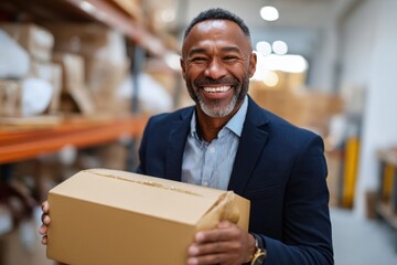 Warehouse worker expresses joy while standing in a distribution center, holding a cardboard box in his hands. The environment reflects an organized storage area filled with packages.