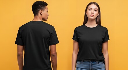 Two fashion models wearing black unisex t-shirts, one model clearly showing the back of the t-shirt, the other clearly showing the front