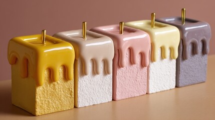 Five beautiful handmade candles in pastel colors display a melting wax effect, creating an inviting ambiance on a light wooden surface in a stylish home decor setting.