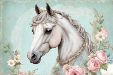 Beautiful white horse portrait surrounded by soft florals in pastel colors with elegant detailing