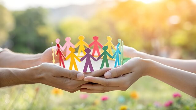 Colorful paper cutout people representing unity and inclusion held in hands outdoors