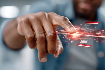 A hand extends towards glowing digital elements in a contemporary office space, highlighting the interaction between physical and virtual realms in technology.