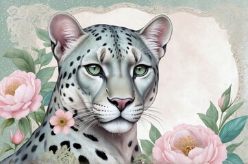 Beautiful leopard portrait surrounded by pink peonies with a soft floral background