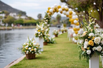 Floral arrangements in white and yellow line the path leading to a decorative balloon arch over looking a serene waterway, creating a charming atmosphere for a wedding celebration.
