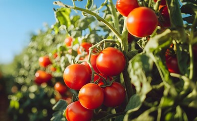 Fototapeta premium A dense tomato field under a bright and clear blue sky.