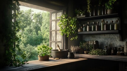 Medieval herbalist cottage shelves of dried herbs potion bottles mortar and pestle forest outside window healer in medieval clothing candlelight glow photorealistic historic medicine