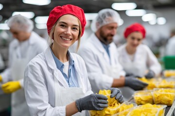 A group of cheerful workers in white lab coats and red head coverings carefully packages snacks in a bustling food processing facility. Their teamwork highlights efficient production practices.