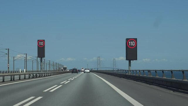 Odense, Denmark A view from a car driving over the Storeb&aelig;lt, or Great Belt Bridge.