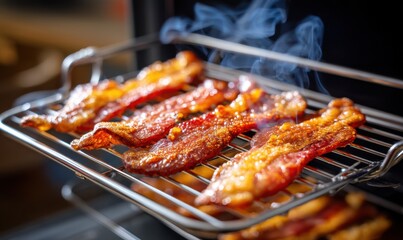 Bacon strips are cooking on a grill rack, emitting steam and a savory smell. The golden brown color highlights the crispiness, making it an enticing breakfast choice.
