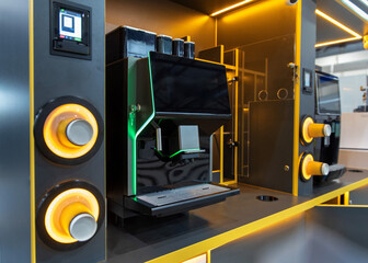 Automatic vending coffee machine with chrome dispenser and drip tray