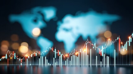 Graphical representation of financial trends highlights rising and falling stock prices against a blurred world map. This visualization illustrates market data dynamics in a modern digital context.