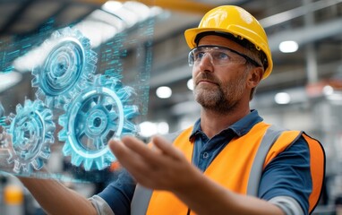 A construction worker in a hard hat and safety gear interacts with digital gears overlaid in a manufacturing plant, representing the fusion of technology and engineering in modern industry.