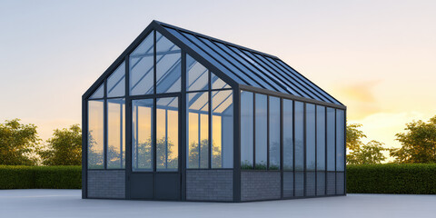 Obraz premium A modern glass greenhouse with a metal frame stands in an open area during sunset. Concept: modern architecture, sustainability, and innovation
