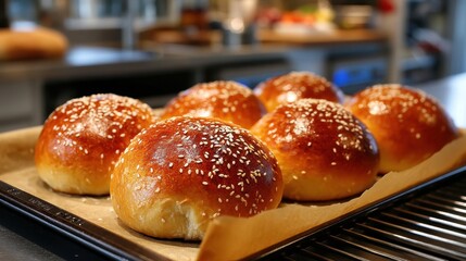 Soft, fluffy sesame rolls rest on a baking tray, cooling after being freshly baked in a warm kitchen. Golden crusts and sesame seeds create an inviting visual, perfect for any meal.