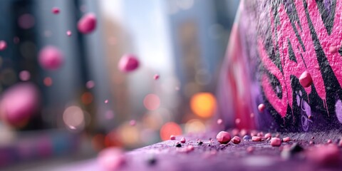 Colorful splatters of pink and purple paint cover a wall in a busy urban area. The sunlight casts a warm glow on nearby buildings, creating an energetic atmosphere as people walk past.