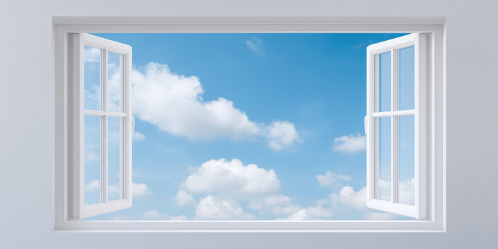 Open white-framed window overlooking a bright blue sky with fluffy clouds. Concept: freedom, openness, and serene landscape