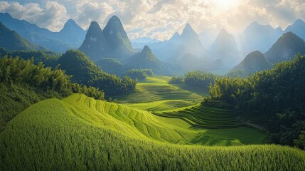 Obraz premium Lush terraced rice paddies stretching into a mountain landscape.