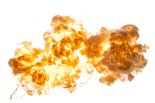 Explosion of bright orange and yellow smoke isolated on white or transparent png
