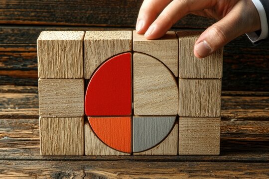 A hand arranges wooden blocks forming a pie chart on a dark wooden surface.  The chart is incomplete, suggesting a process or decision in progress