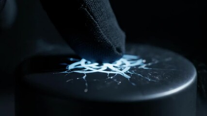 Gloved hand activates hightech sensor panel with illuminated design in dark setting - Powered by Adobe