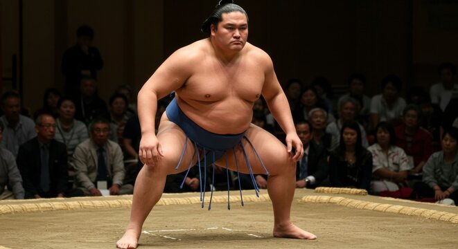 A powerful sumo wrestler in a low fighting stance, preparing for competition before a large audience