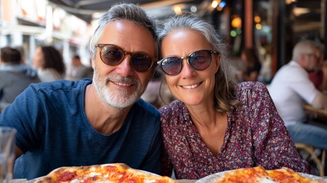 "An elderly couple enjoying a meal together at an outdoor restaurant."