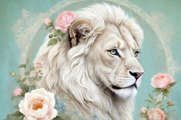 Majestic white lion surrounded by elegant pink roses in artistic design
