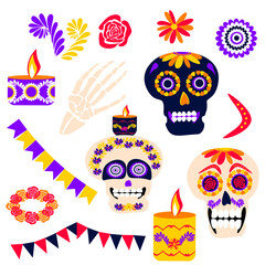 Dia De Los Muertos, Day of the dead vector set of elements, clipart, Mexican style