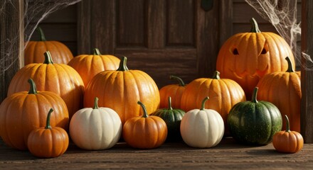 A collection of pumpkins of various sizes and colors, including orange, white, and green, sits before a rustic wooden door adorned with cobwebs