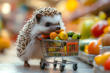 Adorable Hedgehog Pushing Shopping Cart with Produce - Cute Animal Fun