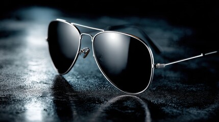 Close-up of aviator sunglasses on a dark surface.
