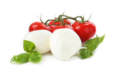 Tasty mozzarella cheese balls, tomatoes and basil on white background