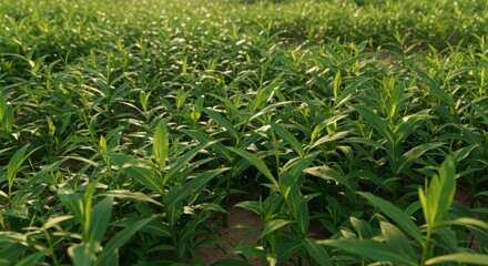 Obraz premium Lush green plants bask in sunlight, showcasing vibrant foliage and healthy growth in a sprawling field