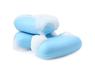 Soap bars with foam isolated on white