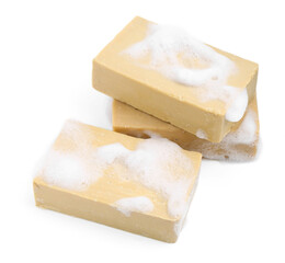 Soap bars with foam isolated on white
