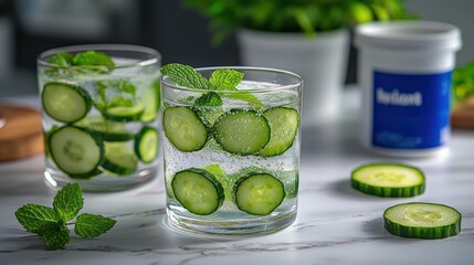 Cucumber-mint infused water in glasses, marble surface