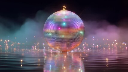 Colorful disco ball reflects vibrant lights over still water surface - Powered by Adobe