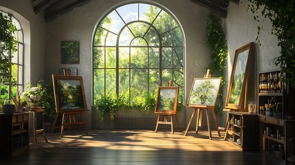 Renaissance artist studio easels unfinished paintings natural lighting from arched windows traditional clothing palette of pigments wooden furniture photorealistic cultural heritage scene