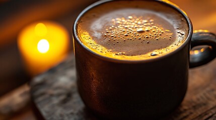 Warm Brew by Candlelight: The inviting warmth of a dark-roast coffee, nestled beside the gentle glow of a candle, embodies a scene of cozy contemplation and comfort.